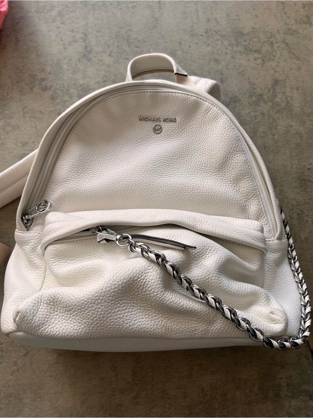 Michael Kors White Pebbled Leather Backpack with Silver Chain